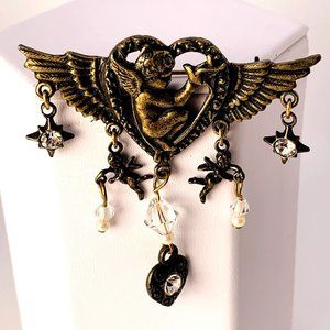 Silver Tone Cherub Angel Dove Brooch with Hanging Charms Rhinestones
